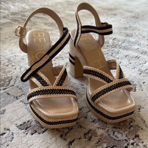 Matisse Tan and Black Wedge Sandals with Braided Detail